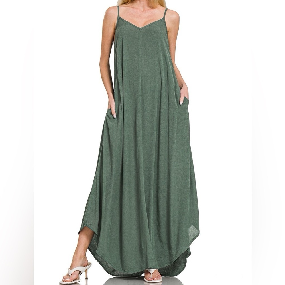 NWT Zenana Ash Jade Green Woven Crinkle Cami Style Maxi Dress with Pockets
